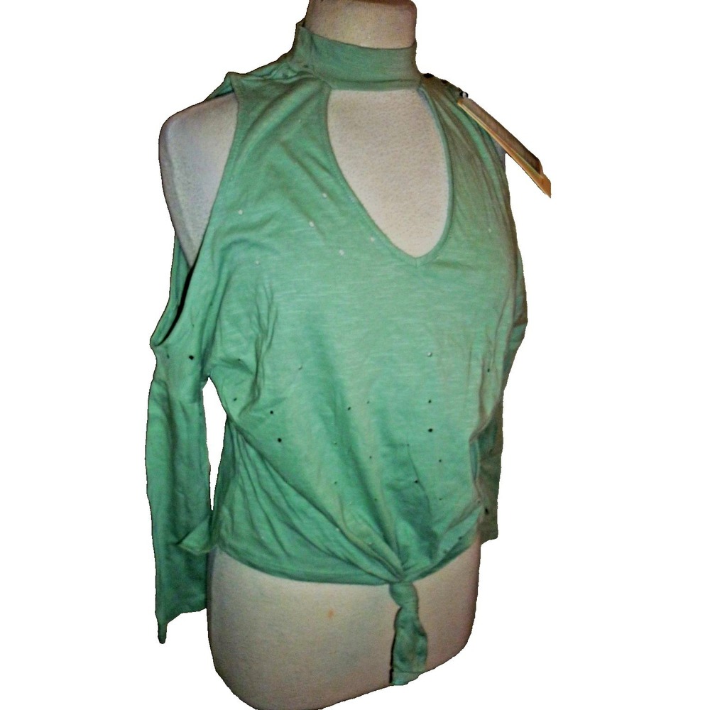 NEW IRIS Olive Green Cold Shoulder Bell Sleeve Distressed Style‎ Tie Front Top S